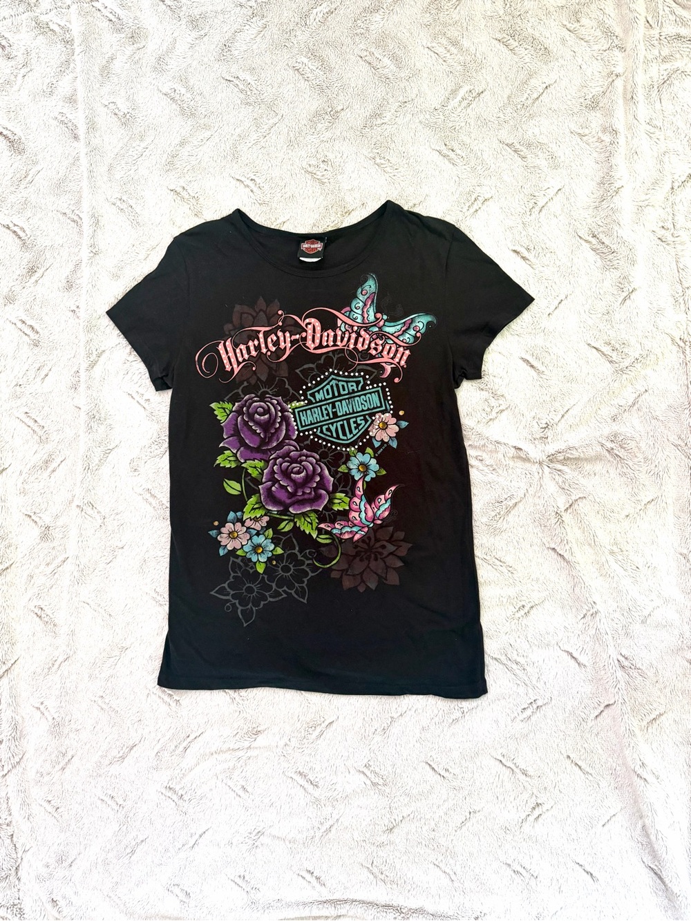 Harley-Davidson Black Tee with Purple Floral & Pastel Accents